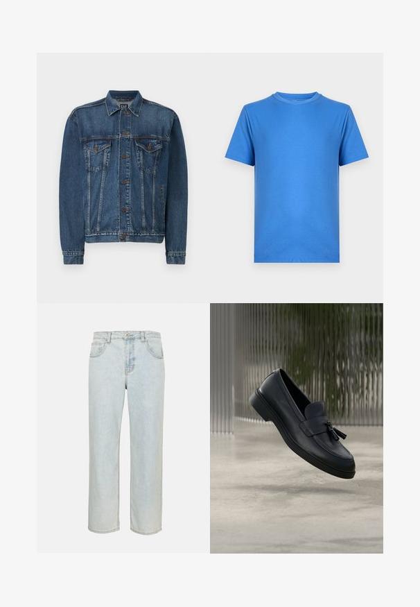 Denimjakke i mørkeblå, med knap-åbning foran, to brystlommer og syede detaljer langs sømme og manchetter. Standard krave.; Enkelt kortærmet T-shirt med rund hals i ensfarvet lys blå, vist på en neutral lys grå baggrund.; Lyseblå jeans med lige ben, forlommer, bæltestropper og knaplukning på en ensfarvet baggrund.; Sorte læderloafers med en glat tekstur, en rundet tå og dekorative kvaster foran. Fleksibel gummisål med lav hæl.