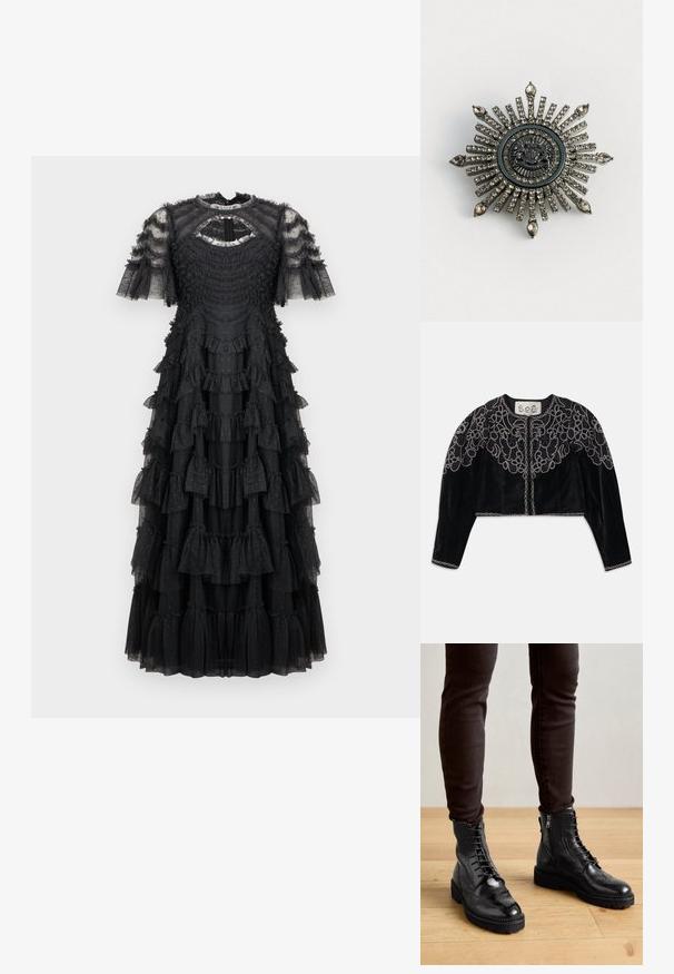 Schwarze, kurz geschnittene Samtjacke mit aufwändiger, bestickter Blumenstickerei und einer kettenähnlichen Verzierung entlang des Ausschnitts und Saums. Lange Ärmel.; Schwarzes Kleid aus geschichtetem, transparentem Stoff mit Rüschen, kurzen Puffärmeln und einem runden Ausschnitt mit einem Schlitzdetail hinten.; Schwarze LederStiefeletten mit Brogue-Details, Schnürung, seitlichen Reißverschlüssen und strukturierten Gummi-Sohlen. Kombiniert mit dunklen Slim-Fit-Hosen.; Sternförmige Brosche aus silberfarbenem Metall mit klaren Strasssteinen. Das zentrale Design zeigt ein kreisförmiges Emblem mit filigranen Details.