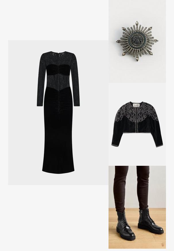 Schwarze, kurz geschnittene Samtjacke mit aufwändiger, bestickter Blumenstickerei und einer kettenähnlichen Verzierung entlang des Ausschnitts und Saums. Lange Ärmel.; Schwarzes Kleid mit Spitzentop und langen Ärmeln sowie einem Samtoberteil mit gerafften Details. Bodenlang mit geradem Schnitt.; Schwarze LederStiefeletten mit Brogue-Details, Schnürung, seitlichen Reißverschlüssen und strukturierten Gummi-Sohlen. Kombiniert mit dunklen Slim-Fit-Hosen.; Sternförmige Brosche aus silberfarbenem Metall mit klaren Strasssteinen. Das zentrale Design zeigt ein kreisförmiges Emblem mit filigranen Details.
