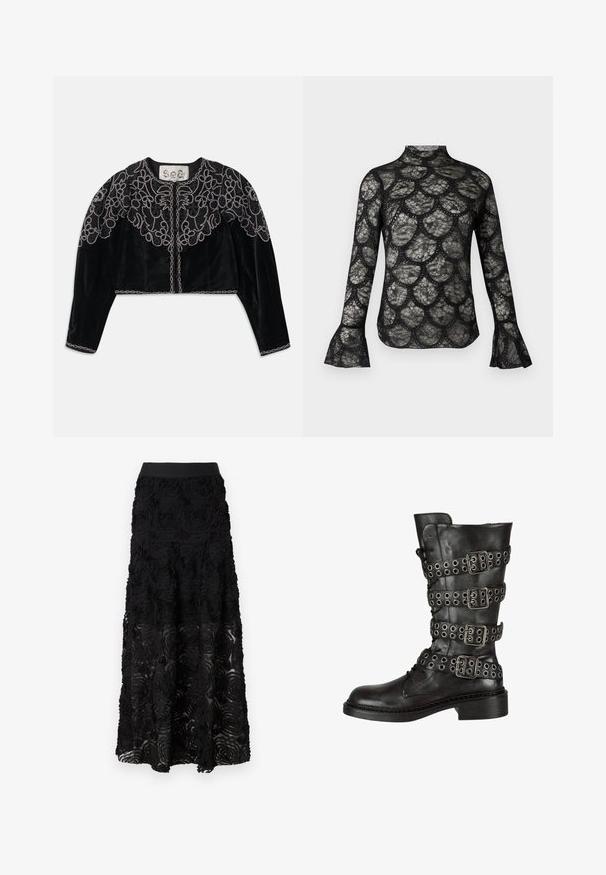Sort cropped velourjakke med detaljeret perlebroderi af blomster og en kæde-lignende kant langs udskæringen og kanten. Lange ærmer.; Sort blonde top med høj krave og flagrende lange ærmer, med et bølget mønster gennem hele stoffet.; Maje JOSINO - Maxinederdele - noir; Sorte læder knæhøje støvler med flere sølv spænder og hægter, med en afrundet tå og en lav blokhæl. Struktureret finish.