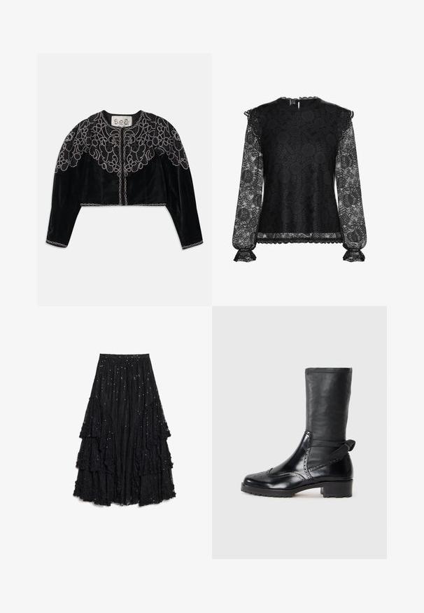 Schwarze, kurz geschnittene Samtjacke mit aufwändiger, bestickter Blumenstickerei und einer kettenähnlichen Verzierung entlang des Ausschnitts und Saums. Lange Ärmel.; Schwarzspitzenoberteil mit langen, durchsichtigen Ärmeln, floralen Mustern, gewelltem Ausschnitt und gerafften Manschetten. Der Körper ist gefüttert für Undurchsichtigkeit.; Schwarzer, geschichteter Rock aus strukturierter Spitze, mit Stufen und ausgefranstem Saum sowie verstreuten Pailletten als zusätzliche Details.; Schwarze Knöchelstiefel mit einem Obermaterial aus glattem Leder, Broguemuster, runder Zehenform und einem Blockabsatz mittlerer Höhe. Verfügt über einen weichen, strukturierten Schaft.