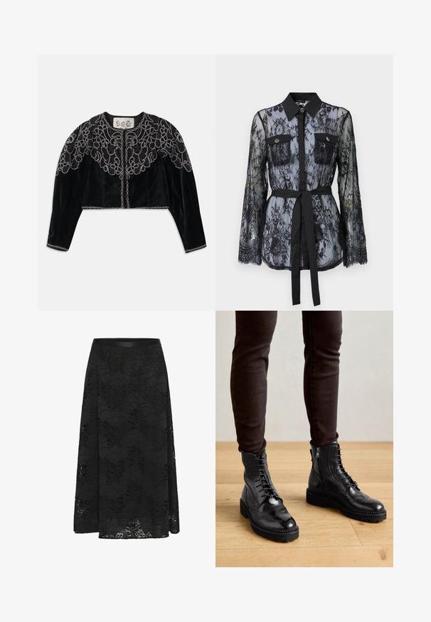 Zwarte geknipte fluwelen jas met ingewikkelde geborduurde bloemen in kralen en een kettingachtige rand langs de halslijn en zoom. Lange mouwen.; Zwarte kanten blouse met lange mouwen, knoopzakken op de borst, een klassieke kraag en een stoffen riem die op de taille is gestrikt. Doorzichtige uitstraling.; Zwarte kanten rok met een uitlopende ontwerp. Heeft een bloemenpatroon, een gestructureerd oppervlak en een aansluitende tailleband. De lengte komt tot halverwege de kuit.; Zwarte leren enkellaarsjes met brogue-details, een vetersluiting aan de voorkant, ritsen aan de zijkant en gestructureerde rubberen zolen. Gecombineerd met donkere slim-fit broek.