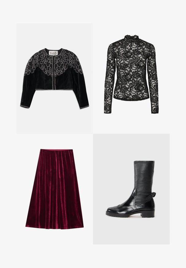 Veste en velours noire courte avec une broderie florale en perles intricate et une finition en chaîne le long de l'encolure et de l'ourlet. Manches longues.; Haut en dentelle noire à manches longues avec col haut agrémenté d'une bordure à volants, motifs floraux et texture transparente. Conçu pour un ajustement près du corps.; Jupe en velours d'un profond bourgogne, avec une texture lisse, un design de longueur complète et une taille élastique pour le confort. Pas de fermetures visibles.; Bottine noire avec une tige en cuir lisse, des détails de brogue, un bout rond et un talon bloc de hauteur moyenne. Comprend un tige douce et texturée.