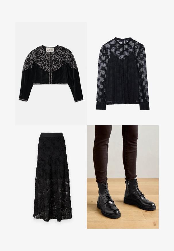 Veste en velours noire courte avec une broderie florale en perles intricate et une finition en chaîne le long de l'encolure et de l'ourlet. Manches longues.; Blouse noire transparente avec de longues manches en dentelle et un col haut. Motif floral décoratif sur l'ensemble. Fermeture en clé à l'arrière et poignets ajustés.; Maje JOSINO - Jupe longue - noir; Bottines en cuir noir avec des détails de brogue, un laçage à l'avant, des fermetures éclair sur les côtés et des semelles en caoutchouc texturé. Associées à un pantalon slim noir.