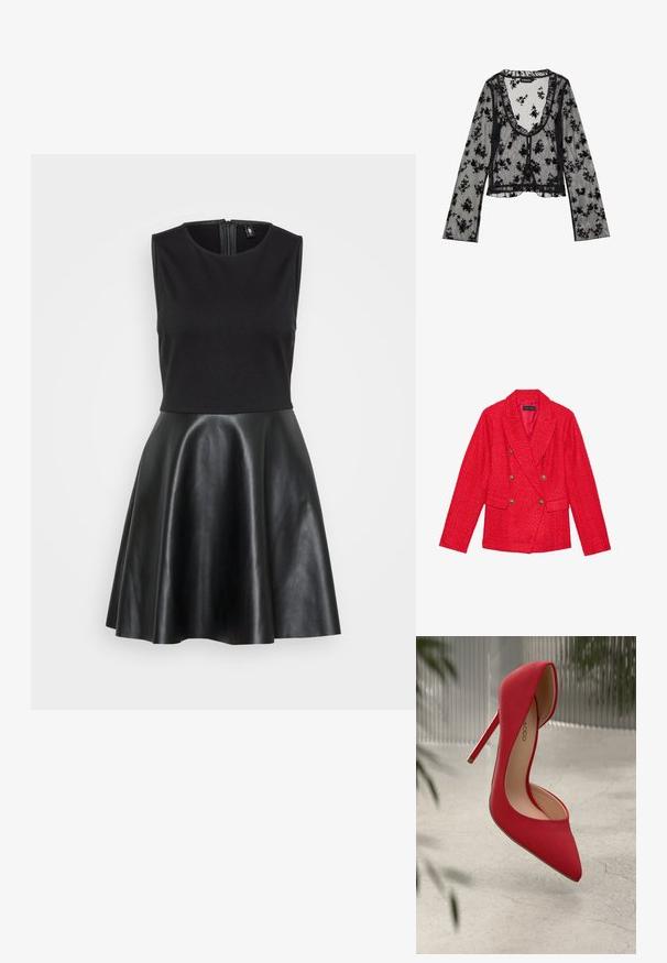 Blazer en tweed rouge avec un design à double boutonnage, accents de boutons dorés, revers à crans et deux poches avant. Finition en tissu texturé.; Blouse noire transparente avec un motif floral, encolure froncée, manches longues et fermeture à boutons. Détails en dentelle délicate le long des bords.; Robe noire avec un haut ajusté sans manches en tissu doux et une jupe en cuir brillant évasée. Présente une fermeture éclair à l'arrière.; Chaussure à talons hauts rouge avec un bout pointu et une finition en daim lisse. Dotée d'un talon aiguille et d'un accent doré à la base du talon.
