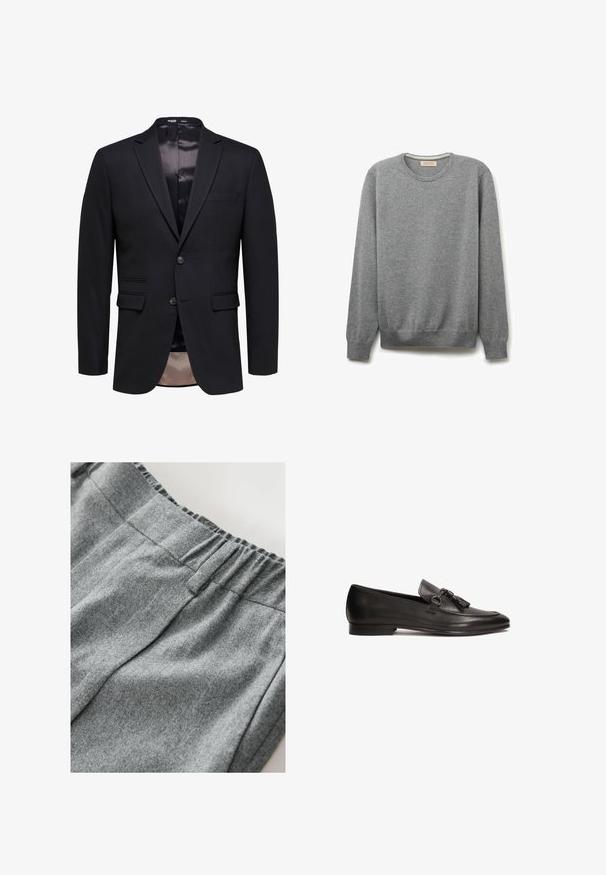 Sort herreblazer med slim fit, to knapper, notch revers og to forlommer med klap, vist på hvid baggrund.; Grå crew-neck sweater lavet af blødt strikket materiale, med lange ærmer og ribbede manchetter og kant, besidder en glat overflade og minimalistisk design.; Grå sweatshirt-stof med en blød tekstur, der har en elastisk talje og subtile syninger. Nærbillede af materialet.; Sorte læder loafers med flad hæl, der har en dekorativ kvast og spænde detalje foran, glat tekstur og strømlinet form.