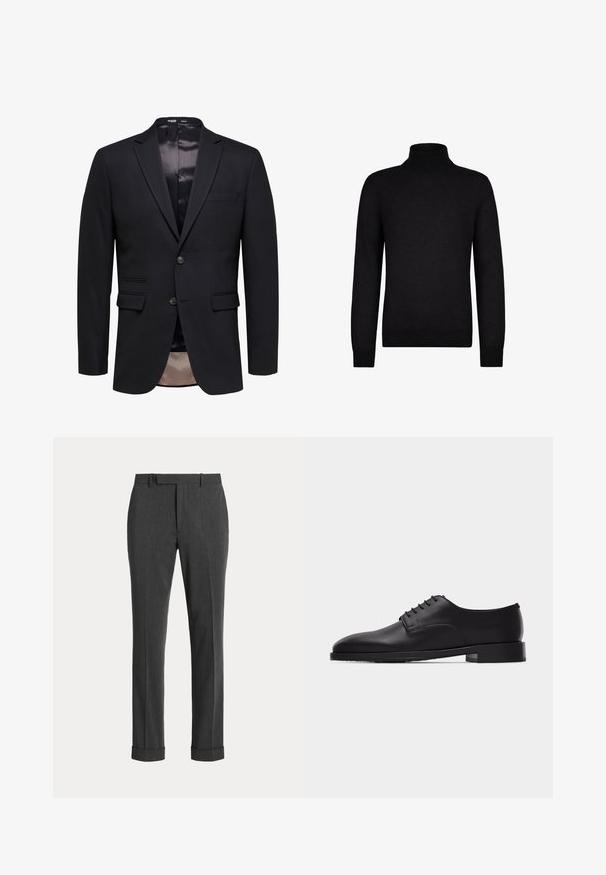 Sort herreblazer med slim fit, to knapper, notch revers og to forlommer med klap, vist på hvid baggrund.; Sort langærmet rullekrave sweater med ribstrikkede manchetter og kant, vist på en ensfarvet hvid baggrund.; Mørkegrå bukser lavet af tekstureret stof, med lige ben, bæltestropper og opsmøg ved kanterne.; Sort læder Oxford-sko til mænd med lukkede snørebånd og lavt stablet hæl, vist i sideprofil mod en hvid baggrund.