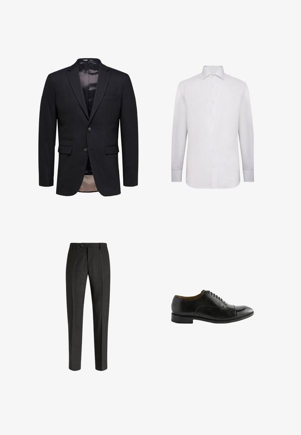 Blazer noir slim fit pour homme avec deux boutons, revers crantés et deux poches avant à rabat, présenté sur fond blanc.; Chemise blanche à manches longues en tissu lisse. Dotée d'un col classique, d'une fermeture à boutons sur toute la longueur et de poignets à boutons. Pas de motifs ni d'accents.; Boggi Milano Chino - charcoal; Chaussure habillée en cuir noir avec un bout arrondi, une surface lisse et un design à lacets. Dispose d'un talon bas et de détails de couture subtils.