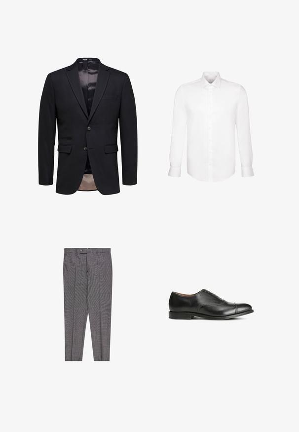 Blazer noir slim fit pour homme avec deux boutons, revers crantés et deux poches avant à rabat, présenté sur fond blanc.; Chemise blanche à manches longues avec boutons sur le devant et col pointu, présentée sur un fond blanc uni.; Pantalon plissé gris en tissu à motif à carreaux subtil, doté d'une fermeture à bouton et d'une coupe droite.; Chaussure habillée en cuir noir avec une finition lisse, un bout rond, cinq œillets pour les lacets et un petit talon empilé. Présente des détails de couture subtils.