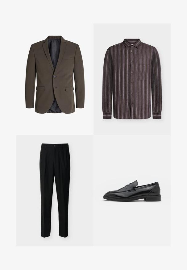 Mørkebrun blazer med en enkelt knap, to forlommer og slagkrave. Indersiden er foret med sort stof for kontrast.; Samsøe Samsøe RYAN - Skjorter - regal orchid st.; Sorte, skræddersyede bukser med høj talje, bæltestropper, forreste læg, sidelommer samt knap- og lynlåslukning.; Sorte læder loafers med en glat overflade, der har en rund tå og en smal bånd over det øverste. Lav stablet hæl.