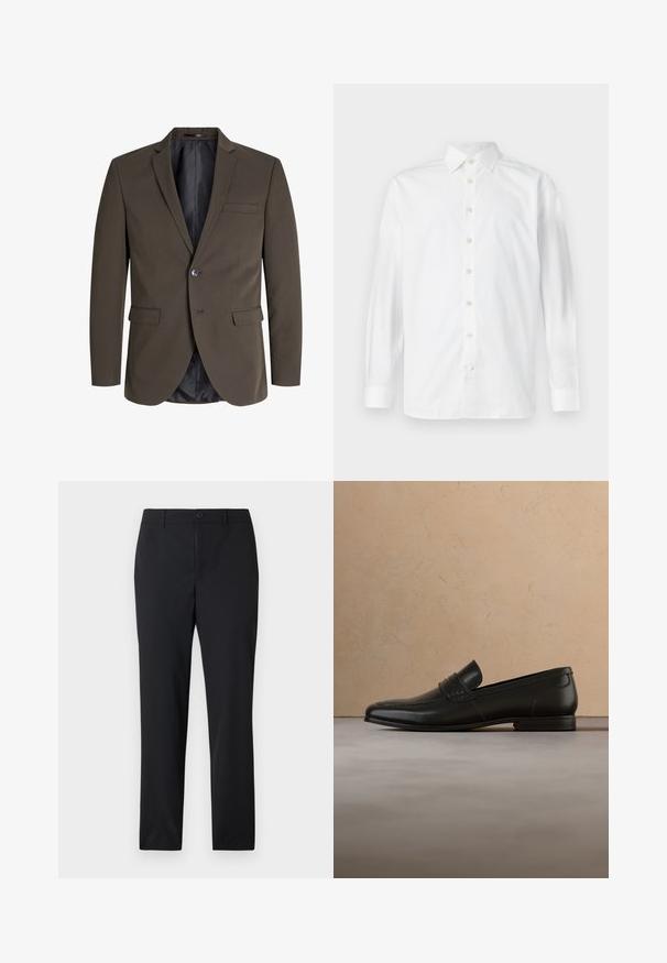 Mørkebrun blazer med en enkelt knap, to forlommer og slagkrave. Indersiden er foret med sort stof for kontrast.; Hvid langærmet skjorte med knapper, spredekrave og knapmanchetter, vist på en ensfarvet hvid baggrund.; Sorte, lige bukser med knaplukning og bæltestropper, designet til formelt eller erhvervsmæssigt brug.; Sort læderloafer vist i luften over en beige tæppe med en beige sofa i baggrunden.