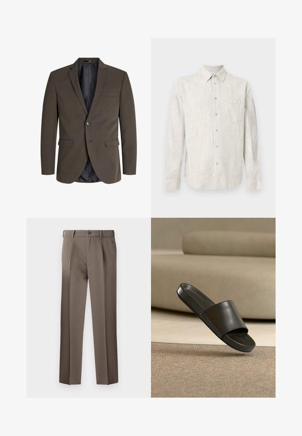 Mørkebrun blazer med en enkelt knap, to forlommer og slagkrave. Indersiden er foret med sort stof for kontrast.; Beige og hvide lodrette stribede langærmet skjorte med knapper, venstre brystlomme og klassisk krave på hvid baggrund.; Brune skræddersyede bukser med indlæg, der har knaplukning, bæltestropper og en glat, vævet tekstur. Klassisk design med lige ben.; Sort læderslide-sandal flydende over et beige tekstureret tæppe med en taupe-sofa i baggrunden.