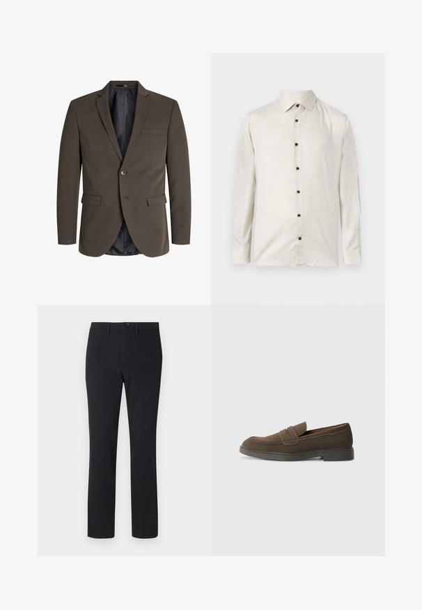 Mørkebrun blazer med en enkelt knap, to forlommer og slagkrave. Indersiden er foret med sort stof for kontrast.; Langærmet beige linnedskjorte med spidse krave og seks mørke knapper ned ad forsiden, vist fladt på en hvid baggrund.; Sort, lige ben bukser lavet af glat stof. Har en frontknaplukning, bæltestropper og to sidelommer.; Brune ruskinds loafers med en rund tå, en rem over forfoden og en flad gummisål. Enkel design med rene linjer og minimal dekoration.