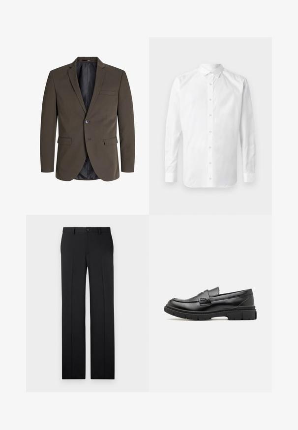 Donkerbruine blazer met een enkele knoop, twee voorzakken en een notch revers. De binnenkant is gevoerd met zwarte stof voor contrast.; Witte langslijfknopshirt met een klassieke kraag, een voorpand met knopen en een gladde katoenstructuur.; Zwarte, op maat gemaakte broek met een rechte pijp, zachte stof, voorvouwen en een enkele knoopsluiting in de taille.; Zwarte leren instapper met een brede band over de voet, rubberen zool met dikke noppen en een gladde textuur. Klassiek, strak ontwerp.