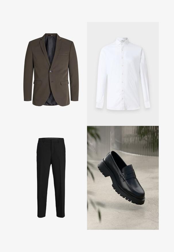 Mørkebrun blazer med en enkelt knap, to forlommer og slagkrave. Indersiden er foret med sort stof for kontrast.; Hvid langærmet skjorte med knapper i bomuld, med klassisk krave, lige snit og en glat tekstur med matchende knapper.; Sorte bukser lavet af glat stof, med lige snit, bæltestropper og et fladt frontdesign uden synlige mønstre eller pyntegenstande.; Sorte læder loafers med en chunky sål, der har en dekorativ rem og syninger. Glat tekstur med en poleret overflade.