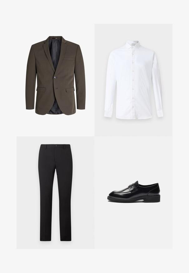 Mørkebrun blazer med en enkelt knap, to forlommer og slagkrave. Indersiden er foret med sort stof for kontrast.; Hvid langærmet skjorte med knapper i bomuld, med klassisk krave, lige snit og en glat tekstur med matchende knapper.; Sorte skræddersyede bukser med lige ben, som har knaplukning og bæltestropper. Fremstillet i glat stof uden synlige mønstre.; Zign by Zalando LEATHER - Business loafers - black