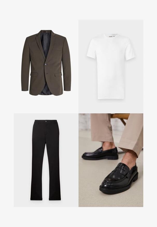 Mørkebrun blazer med en enkelt knap, to forlommer og slagkrave. Indersiden er foret med sort stof for kontrast.; Hvid, kortærmet T-shirt med rund hals og et lille brandlabel inde i kraven, vist på en hvid baggrund.; Sorte bomuldsbukser med lige ben, en knap- og lynlåslukning samt sidelommer. Glat tekstur, ingen synlige mønstre eller accenter.; Sorte lædermokkasiner med en glat overflade, der har en dekorativ rem og kontraststing, parret med beige bukser.