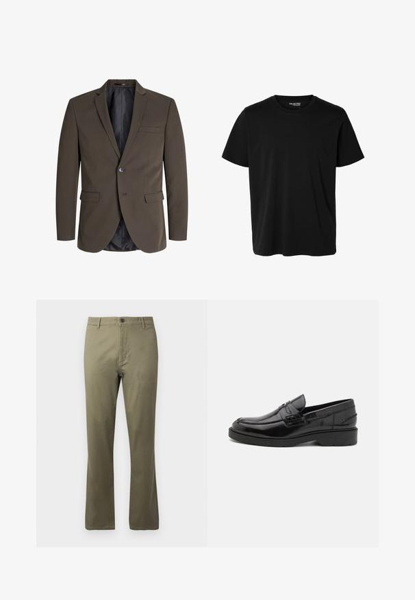 Donkerbruine blazer met een enkele knoop, twee voorzakken en een notch revers. De binnenkant is gevoerd met zwarte stof voor contrast.; Effen zwarte korte mouwen t-shirt met ronde hals in mannenmodel, zonder zichtbare patronen of logo's aan de voorkant.; Olijfgroene broeken van een katoenmix, met een rechte pijp, ritssluiting en een enkele knoopsluiting bij de taille.; Zwarte leren instappers met een gladde afwerking, ronde neus, lage hak en decoratieve stiksels aan de voorkant. Rubberen buitenzool voor grip.