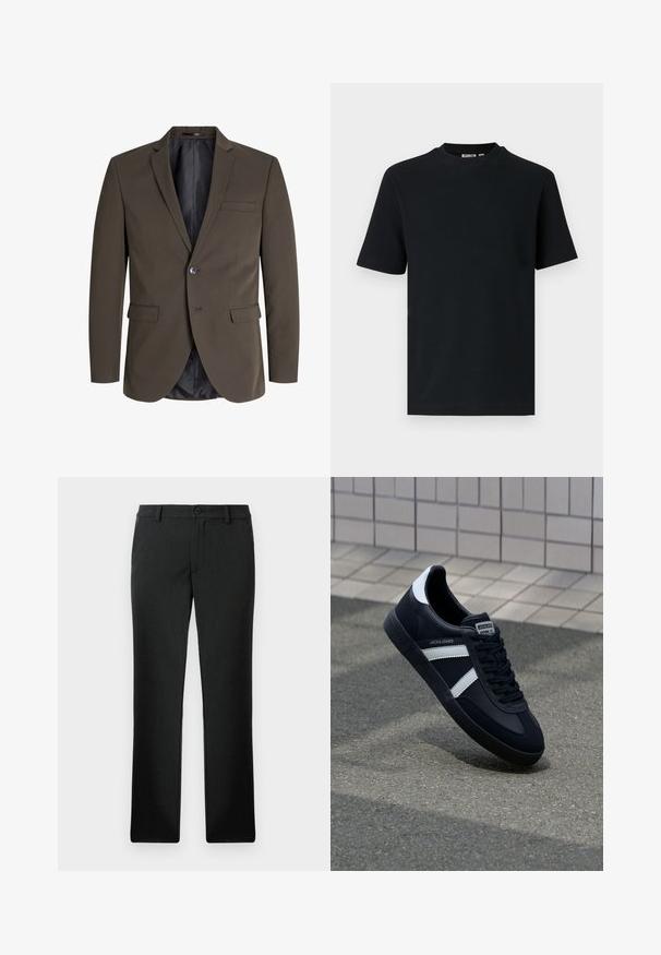 Mørkebrun blazer med en enkelt knap, to forlommer og slagkrave. Indersiden er foret med sort stof for kontrast.; Sort kortærmet ribstrikket T-shirt med rund hals og et lille synligt mærke indeni kraven.; Sorte skræddersyede bukser med lige ben, bæltestropper, forreste knap og lynlås, vist fladt på en hvid baggrund.; Sort lædersneaker med hvide striber, tekstureret gummisål og snørrebånd foran. Har et brandet mærke på tungen.