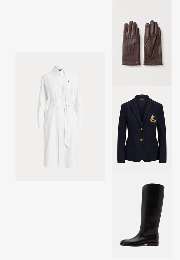 Marineblå blazer med hakket revers, to guldknapper, to forlommer med påsyet lommer og guldbroderet "RL" logo på venstre brystlomme.; Hvid skjortekjole med lange ærmer, krave, bælte i taljen og lille broderet logo på venstre bryst.; Høj sort læderstøvle med flad sål og rundet tå, vist fra siden på en lys baggrund.; Par mørkebrune læderhandsker, den ene viser bagsiden med dekorative syninger og logo, den anden viser håndfladen.