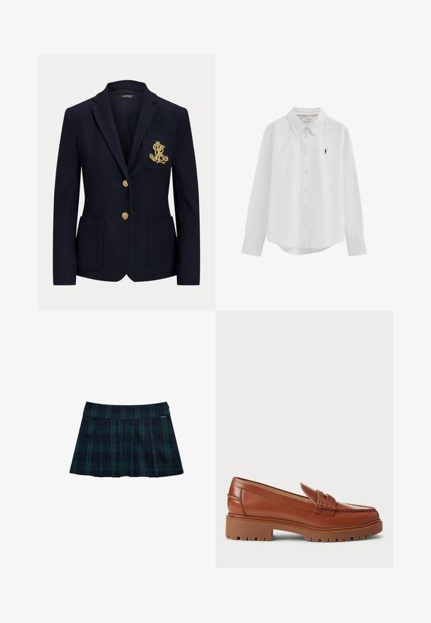 Marineblå blazer med hakket revers, to guldknapper, to forlommer med påsyet lommer og guldbroderet "RL" logo på venstre brystlomme.; Hvid langærmet skjorte med knapper, krave og lille sort broderet polo-spillerlogo på venstre bryst.; Rynket nederdel med tern i mørkegrøn og marineblå med en glat talje og logo-accent. Har et klassisk, lagdelt rynkedesign.; Brune læder loafers med en moccasin-foddesign, synlig syning og en kraftig, tekstureret gummisål. Hardware i guldfarve som accent.