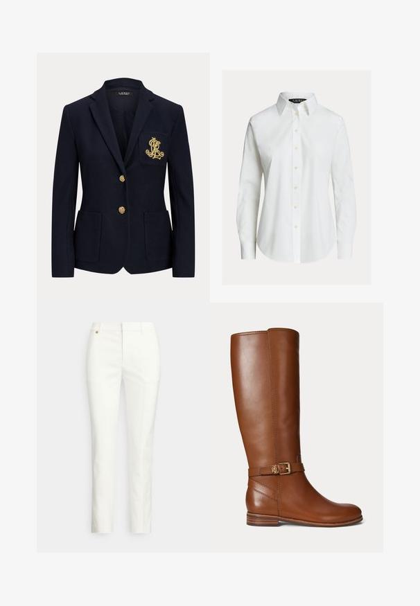 Blazer bleu marine avec revers cranté, deux boutons dorés, deux poches plaquées à l'avant et logo "RL" brodé en or sur la poche poitrine gauche.; Chemise blanche à manches longues avec col pointu, boutons sur le devant et ourlet légèrement incurvé.; Pantalon blanc sur mesure à coupe slim, présentant une texture lisse, des passants pour ceinture et un petit détail en métal doré. Aucune poche visible.; Botte en cuir marron montant jusqu’au genou avec une petite boucle dorée et le logo "RL" sur la sangle près de la cheville, talon plat et finition lisse.