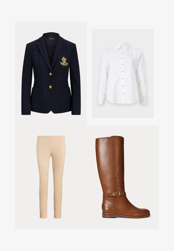 Blazer bleu marine avec revers cranté, deux boutons dorés, deux poches plaquées à l'avant et logo "RL" brodé en or sur la poche poitrine gauche.; Chemise blanche à manches longues avec un col pointu et des boutons marron clair au centre devant.; Pantalon beige slim fit longueur cheville avec une finition lisse, sans poches visibles ni ornements, sur un fond uni.; Botte en cuir marron montant jusqu’au genou avec une petite boucle dorée et le logo "RL" sur la sangle près de la cheville, talon plat et finition lisse.