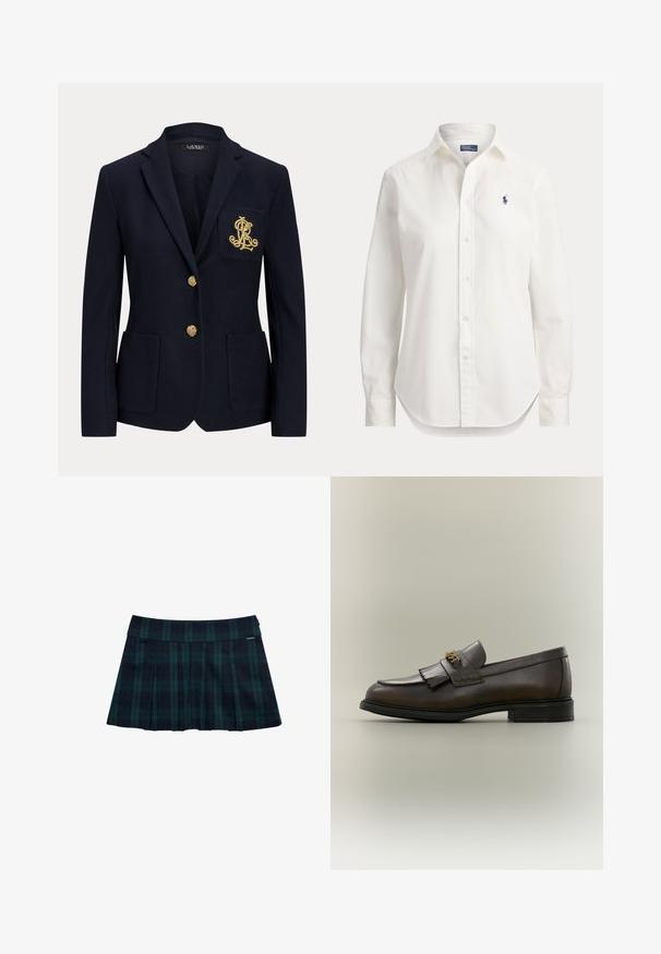 Marineblå blazer med hakket revers, to guldknapper, to forlommer med påsyet lommer og guldbroderet "RL" logo på venstre brystlomme.; Hvid langærmet skjorte med knapper, krave og lille blåt logo af en polospiller på venstre bryst.; Rynket nederdel med tern i mørkegrøn og marineblå med en glat talje og logo-accent. Har et klassisk, lagdelt rynkedesign.; Mørkebrun læderloafer med frynser og guldbeslag på sort sål, vist fra siden på en neutral baggrund.