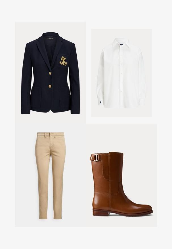 Marineblauer Blazer mit gekerbtem Revers, zwei goldenen Knöpfen, zwei aufgesetzten Taschen vorne und goldbesticktem "RL" Logo auf der linken Brusttasche.; Weißes langärmliges Hemd mit Knopfleiste, spitzem Kragen und marineblauem gesticktem Logo an der linken Manschette.; Beige Chinos aus Baumwolle mit geradem Schnitt, ausgestattet mit Knopfverschluss, Vordertaschen und abgesteppten Details entlang der Nähte.; Brauner Leder-Stiefelette mit glatter Oberfläche, abgerundeter Spitze und dekorativer Schnalle an der Seite. Verfügt über einen niedrigen Holzabsatz und minimalistische Nähte.