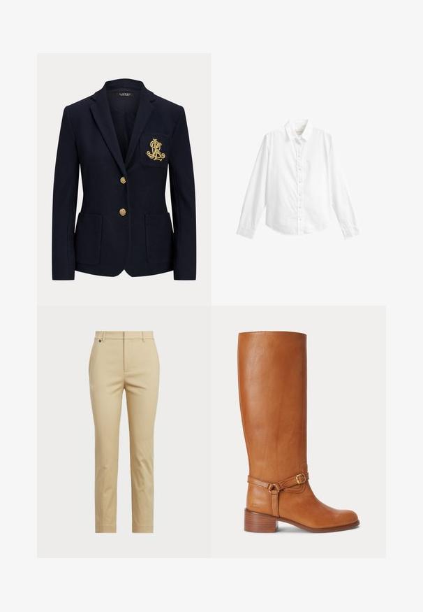Marineblauer Blazer mit gekerbtem Revers, zwei goldenen Knöpfen, zwei aufgesetzten Taschen vorne und goldbesticktem "RL" Logo auf der linken Brusttasche.; Weißes Langarmhemd mit Kragen, sieben Knöpfen und schmal geschnittenen Manschetten, dargestellt vor einem einfarbigen weißen Hintergrund.; Beige Hosen mit einem geraden Bein-Design. Hergestellt aus glattem Stoff, mit einem standardmäßigen Bund und dezenten Seitennähten.; Hoher brauner Lederstiefel mit niedrigem gestapeltem Absatz und dekorativem Riemen mit goldener Schnalle um den Knöchel.