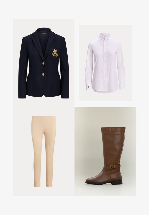 Marineblå blazer med hakket revers, to guldknapper, to forlommer med påsyet lommer og guldbroderet "RL" logo på venstre brystlomme.; Hvid langærmet skjorte med knapper foran, knappet krave og lille broderet logo på venstre manchet.; Beige slim-fit ankellange bukser med en glat finish og uden synlige lommer eller pynt på en ensfarvet baggrund.; Høj brun læderstøvle med en strop med spænde på siden og lav sort sål, fotograferet mod en neutral baggrund.