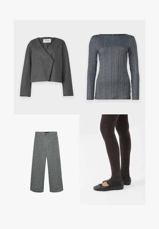 Chaqueta corta gris con un diseño envolvente, hecha de un tejido texturizado, con escote en V y mangas largas con ribetes negros.; Top de manga larga ajustado en oscuro azul marino con textura de canalé vertical y sutiles hilos metálicos. Escote cuadrado. Tejido suave y elástico.; Pantalones de pierna ancha en un tejido gris texturizado de punto. Presentan una cintura alta y piernas rectas, ofreciendo un ajuste relajado en toda la prenda.; Piernas con leggings oscuros acanalados combinados con bailarinas negras que presentan pequeños detalles de lazo sobre un fondo blanco.