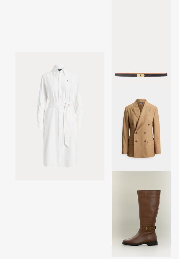 Blazer cruzado de doble botonadura hecho de tela suave, con dos bolsillos frontales, botones marrones, solapas de pico y un diseño entallado elegante.; Vestido camisa blanco de manga larga con cuello, cinturón en la cintura y pequeño logo bordado en el lado izquierdo del pecho.; Bota alta de cuero marrón con una correa lateral con hebilla y suela negra baja, fotografiada sobre un fondo neutro.; Cinturón de cuero negro con forro interior color tostado y hebilla rectangular dorada con el logo de un jugador de polo negro.
