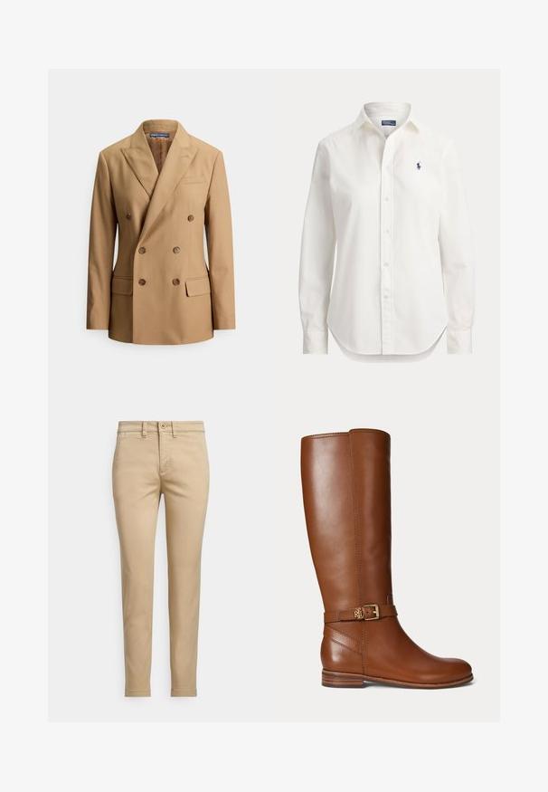 Tan dobbeltradet blazer lavet af glat stof, med to forlommer, brune knapper, spids revers og et elegant skræddersyet design.; Hvid langærmet skjorte med knapper, krave og lille blåt logo af en polospiller på venstre bryst.; Beige bomuldschinos med lige pasform, der har knaplukning, forlommer og syningsdetaljer langs sømmene.; Brun læder knæhøj støvle med en lille guldbøjle og "RL" logo på remmen nær anklen, flad hæl og glat finish.