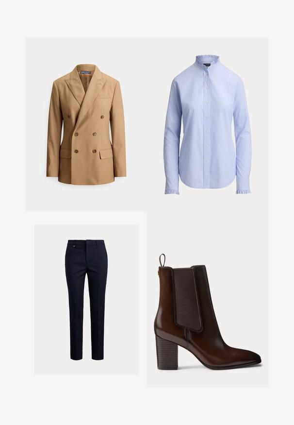 Blazer cruzado de doble botonadura hecho de tela suave, con dos bolsillos frontales, botones marrones, solapas de pico y un diseño entallado elegante.; Blusa de mujer azul claro de manga larga con cuello alto y puños con volantes, cierre frontal con botones y corte entallado.; Pantalones chinos azul marino hechos de una mezcla de algodón con un ajuste cónico, parte delantera plana, bolsillos laterales y un único bolsillo trasero; presentan un pequeño logo dorado.; Botín de piel marrón oscuro con tacón bloque y panel lateral elástico, con una lengüeta en la parte trasera para facilitar su puesta.
