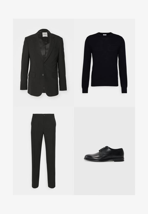 Sort blazer lavet af glat stof med satin finish, enkelt knaplukning, notch revers og to frontlommer.; Sort langærmet sweater lavet af blødt strikket materiale. Rund halsudskæring, ribbede manchetter og kant. Minimalistisk design uden synlige mønstre eller knapper.; Sorte skræddersyede bukser med lige snit, der har en enkelt knaplukning og bæltestropper. Glat, mat stof uden mønstre.; Sorte læderherresko med rund tå, snørebåndsdesign, glat overflade og en lavprofil gummisål. Minimal syning detaljer.