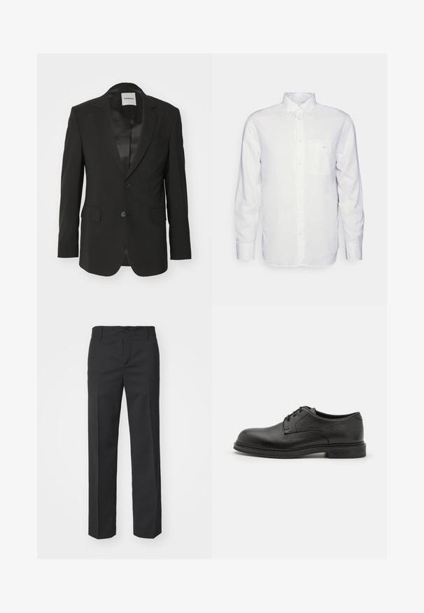 Sort blazer lavet af glat stof med satin finish, enkelt knaplukning, notch revers og to frontlommer.; Langærmet hvid skjorte lavet af bomuld, med en knap-down krave, brystlomme og almindelig pasform. Struktureret stof med en glat overflade.; Filippa K TROY TROUSERS - Bukser - black; Emporio Armani LACED SHOE - Snøresko - nero