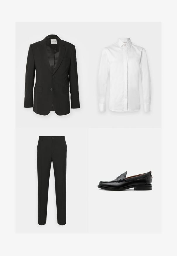 Sort blazer lavet af glat stof med satin finish, enkelt knaplukning, notch revers og to frontlommer.; Hvid langærmet skjorte lavet af glat bomuld med en spids krave, en knaplukning og knapmanchetter, med et skarpt og rent design.; Sorte skræddersyede bukser med lige snit, der har en enkelt knaplukning og bæltestropper. Glat, mat stof uden mønstre.; Sort læder herre loafer med moc-tå syning, penny strop, struktureret krave og lav stablet hæl på hvid baggrund.