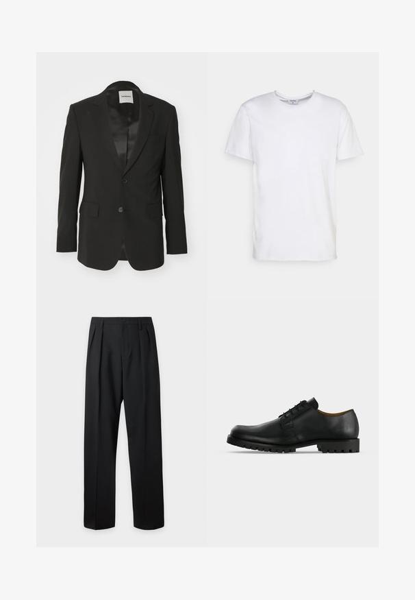 Sort blazer lavet af glat stof med satin finish, enkelt knaplukning, notch revers og to frontlommer.; Hvid kortærmet t-shirt lavet af bomuld. Har en rund halsudskæring og en afslappet pasform uden synlige mønstre eller detaljer.; Sorte skræddersyede bukser med høj talje, bæltestropper, frontfolder, knaplukning og lige vide ben på en lys baggrund.; Sort lædersko med snørebånd, tyk rillede sål og lav hæl vist på en hvid baggrund.