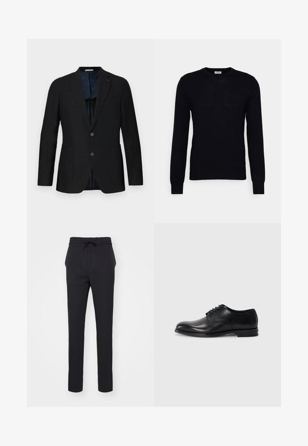 Sort linned blazer med to knapper, notch lapel, frontlommer og blå mønstret for. Fremhævede detaljer inkluderer et diskret logo.; Sort langærmet sweater lavet af blødt strikket materiale. Rund halsudskæring, ribbede manchetter og kant. Minimalistisk design uden synlige mønstre eller knapper.; Sorte, tætsiddende bukser lavet af et blødt stof. Har en elastisk talje med snore og sidelommer med en glat overflade.; Sorte læderherresko med rund tå, snørebåndsdesign, glat overflade og en lavprofil gummisål. Minimal syning detaljer.