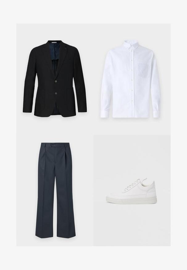 Sort linned blazer med to knapper, notch lapel, frontlommer og blå mønstret for. Fremhævede detaljer inkluderer et diskret logo.; Hvid langærmet skjorte med knapper lavet af bomuld, med en brystlomme med tonal broderi, krave og knapmanchetter.; Marine-stribede bukser med vide ben, frontfolder, enkelt knaplukning og glat stof. Har vertikale grønne stregdetaljer.; Hvid lædersneaker med rundet tå, flad sål og snørebånd foran. Har syningsdetaljer og polstret krave for komfort.