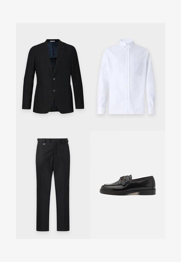 Sort linned blazer med to knapper, notch lapel, frontlommer og blå mønstret for. Fremhævede detaljer inkluderer et diskret logo.; Hvid langærmet skjorte med knapper lavet af bomuld, med en brystlomme med tonal broderi, krave og knapmanchetter.; Sorte skræddersyede bukser med lige pasform, der har en knaplukning og bælteløkker. Glat tekstur med minimal detaljer.; Sorte læder loafers med rund tå og en dekorativ spændeaccent. Flad, solid hæl og glat tekstur hele vejen igennem.