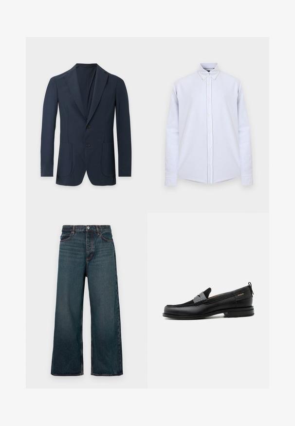 Blazer homme bleu marine foncé avec deux boutons, revers crantés et poches plaquées sur le devant, présenté sur un fond clair uni.; Chemise bleue claire à manches longues avec col classique, boutons blancs et petit logo brodé sur la poitrine.; Jean denim bleu foncé à jambe large avec fermeture à bouton avant, fermeture éclair et design à cinq poches, présenté sur un fond blanc.; Mocassin en cuir noir avec détail de bride grise, talon bas et semelle texturée, marqué "HUGO" en or sur le côté.