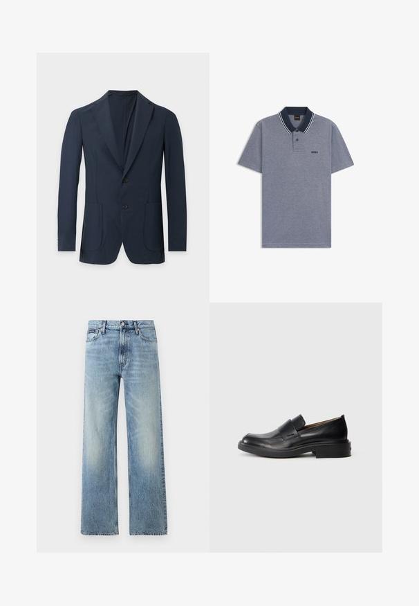 Blazer homme bleu marine foncé avec deux boutons, revers crantés et poches plaquées sur le devant, présenté sur un fond clair uni.; Polo gris à manches courtes avec col bleu marine, patte à deux boutons, rayures blanches sur le col, et logo "BOSS" sur la poitrine.; Jean droit en denim bleu clair avec taille haute, cinq poches, fermeture à boutons et léger délavage sur les cuisses et les genoux.; Chaussure habillée noire en cuir, à enfiler, avec un petit talon et un logo Calvin Klein discret sur le côté, présentée de profil sur un fond blanc.