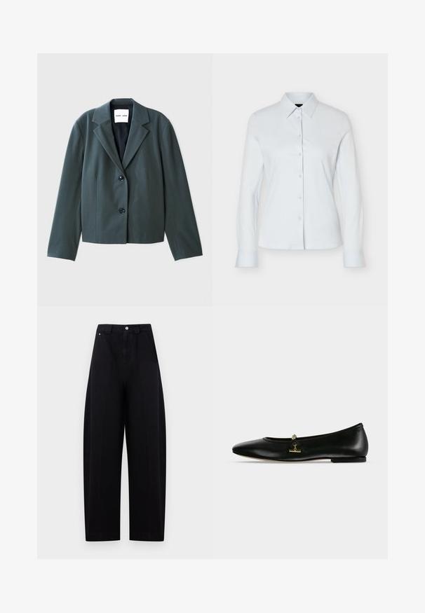 Mørkegrøn blazer med krave og lange ærmer, enkeltkneppet design med to knapper og glat tekstur. Mærke inden i synligt.; Hvid langærmet skjorte med knapper, spids krave og tætsiddende silhuet vist mod en ensartet lys baggrund.; Sortt bredbenet bukser med høj talje og forlynlås med knaplukning, med sidelommer og bæltestropper på en lys baggrund.; Sort læder flad sko med en lille guldkæde og stangdetalje hen over toppen, rundet tå og lav hæl.