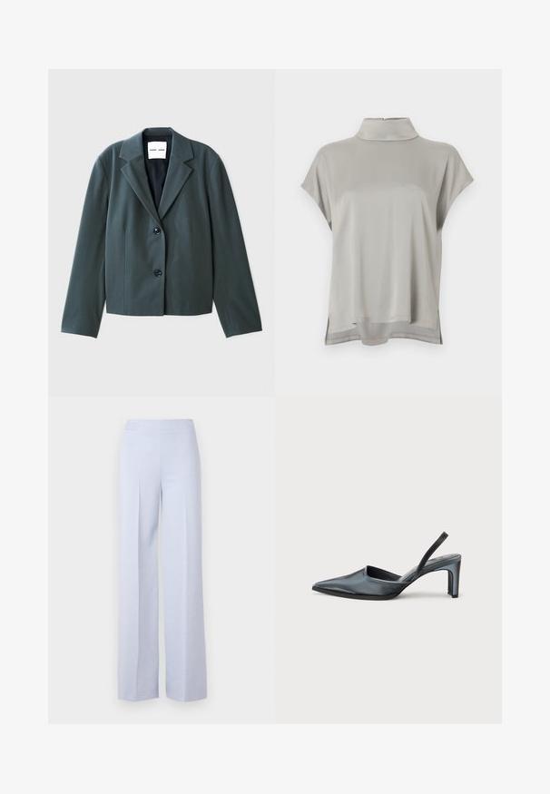 Blazer vert foncé à col, manches longues, design à simple boutonnage avec deux boutons, et texture lisse. Étiquette de la marque visible à l'intérieur.; Blouse gris clair à manches courtes avec col montant et fentes sur les côtés, confectionnée dans un tissu doux et fluide avec un ourlet arrière légèrement plus long.; Pantalons larges bleu clair en tissu doux, dotés d'une taille haute et de plis avant pour plus de structure.; Escarpin noir à bride arrière avec un bout pointu, une finition satinée élégante et un talon fin de 7,5 cm. Design latéral ouvert avec des détails de couture minimalistes.