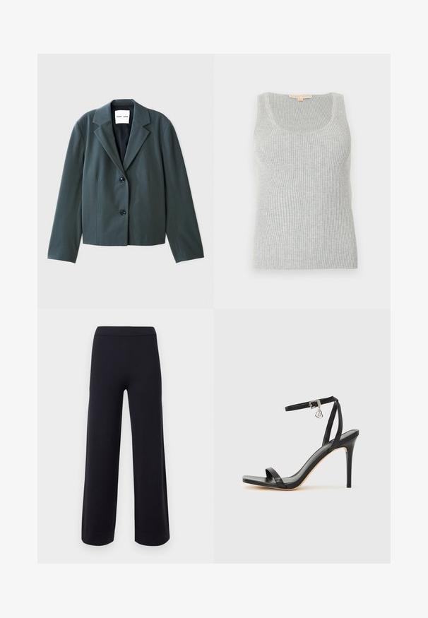 Mørkegrøn blazer med krave og lange ærmer, enkeltkneppet design med to knapper og glat tekstur. Mærke inden i synligt.; Grå ribstrikket tanktop med rund halsudskæring, lavet af et struktureret strikket stof. Har en tætsiddende silhuet og minimal syning.; Sorte bukser med vide ben, høj talje og opklemmede kanter, vist mod en ensfarvet lys baggrund.; Sort hæl-sandal med smal ankrem, firkantet tå-boks, glat lædermateriale og metalspænde som pynt.