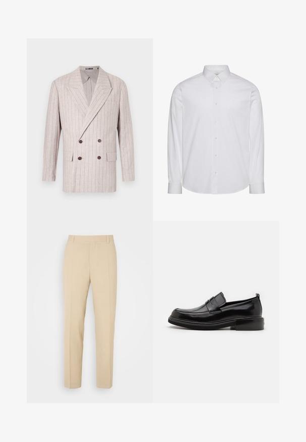 Blazer croisé en lin beige clair avec des rayures discrètes, doté de larges revers et de boutons marron foncé. Inclus : deux poches avant.; Chemise blanche à manches longues en coton. Comprend un col classique, une patte de boutonnage à l'avant avec boutons, et un ourlet arrondi. Logo discret de la marque.; Pantalons beige ajustés avec une coupe droite, fabriqués en tissu léger, dotés de deux poches avant et de plis bien repassés.; Calvin Klein MOCCASIN - Mocassins de ville - black