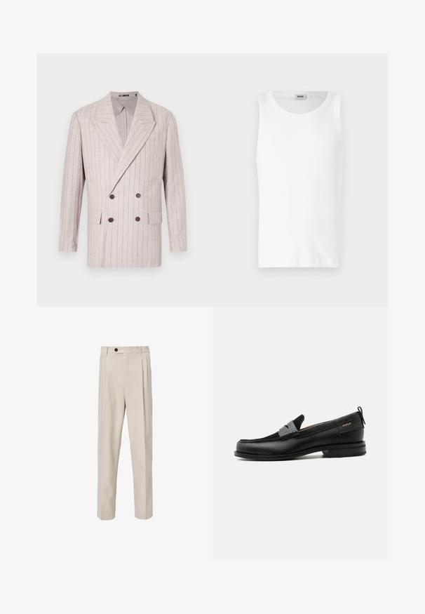 Blazer croisé en lin beige clair avec des rayures discrètes, doté de larges revers et de boutons marron foncé. Inclus : deux poches avant.; Débardeur en coton blanc sans manches avec un col rond et une texture lisse. Design simple, sans motifs ni accents.; Pantalons taillés beiges avec une coupe droite, dotés de plis à l'avant, d'une fermeture avec bouton et d'une texture de tissu lisse.; Mocassin en cuir noir avec détail de bride grise, talon bas et semelle texturée, marqué "HUGO" en or sur le côté.