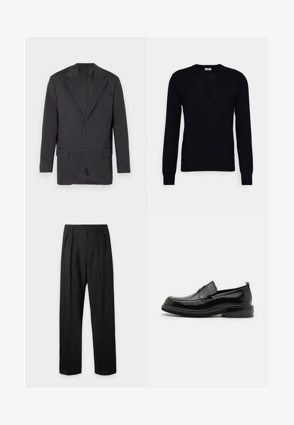Blazer gris foncé avec un col à cran, deux boutons à l'avant, deux poches latérales et une poche poitrine. Tissu lisse avec une coupe ajustée.; Pull noir à manches longues en tricot doux. Encolure ronde, poignets et ourlet côtelés. Design minimaliste sans motifs ni boutons visibles.; Pantalon noir taille haute, sur-mesure, avec passants pour ceinture, plis sur le devant, fermeture par bouton et jambes droites larges sur fond clair.; Calvin Klein MOCCASIN - Mocassins de ville - black